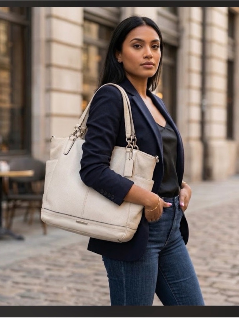 Coach Park Carrie Leather Tote Handbag in Chalk